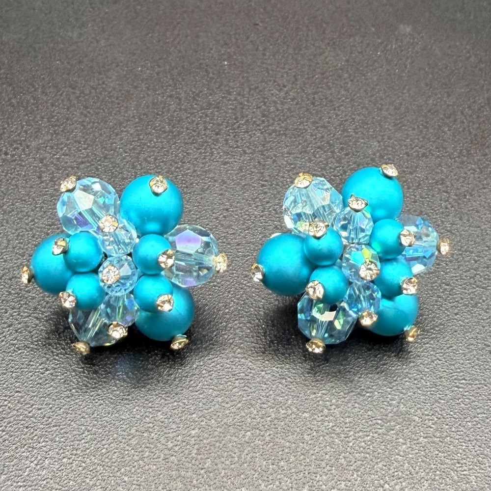 Vendôme Turquoise AB Crystal Cluster‎ Clip Earrings 1960s Signed